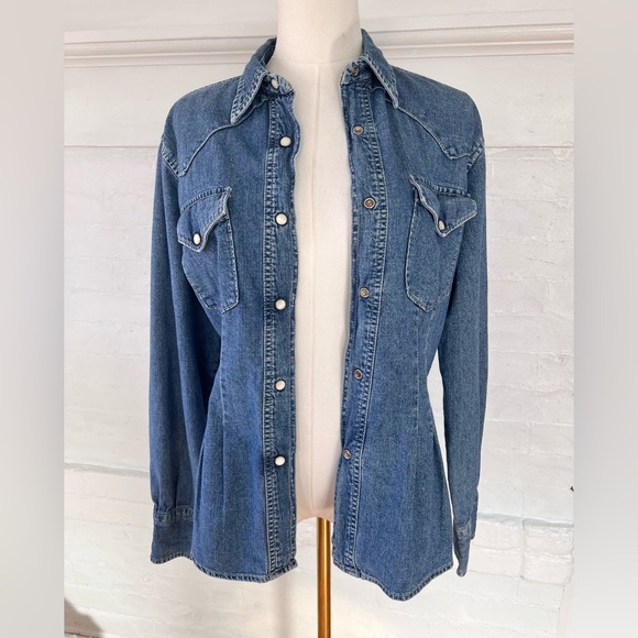 Replay Fitted Denim Pearl Snap Shirt Medium Wash Coastal Cowgirl Western Shacket - Picture 9 of 15